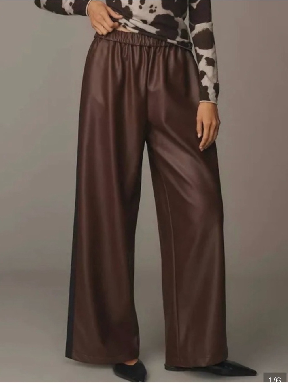 Anthropology Maeve Wide-Leg Faux Leather Pants in Dark Brown. Black Track Stripe